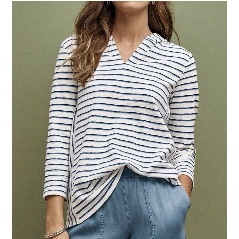 J. Jill Blue Striped 100% Cotton French Terry Long Sleeve Hoodie M Nautical